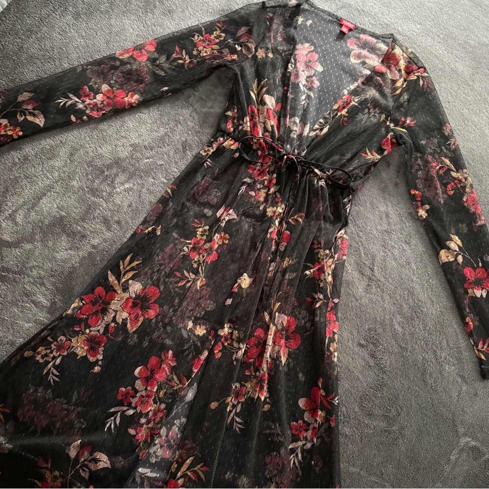 Guess Black and Red Floral Long Sleeve Shawl